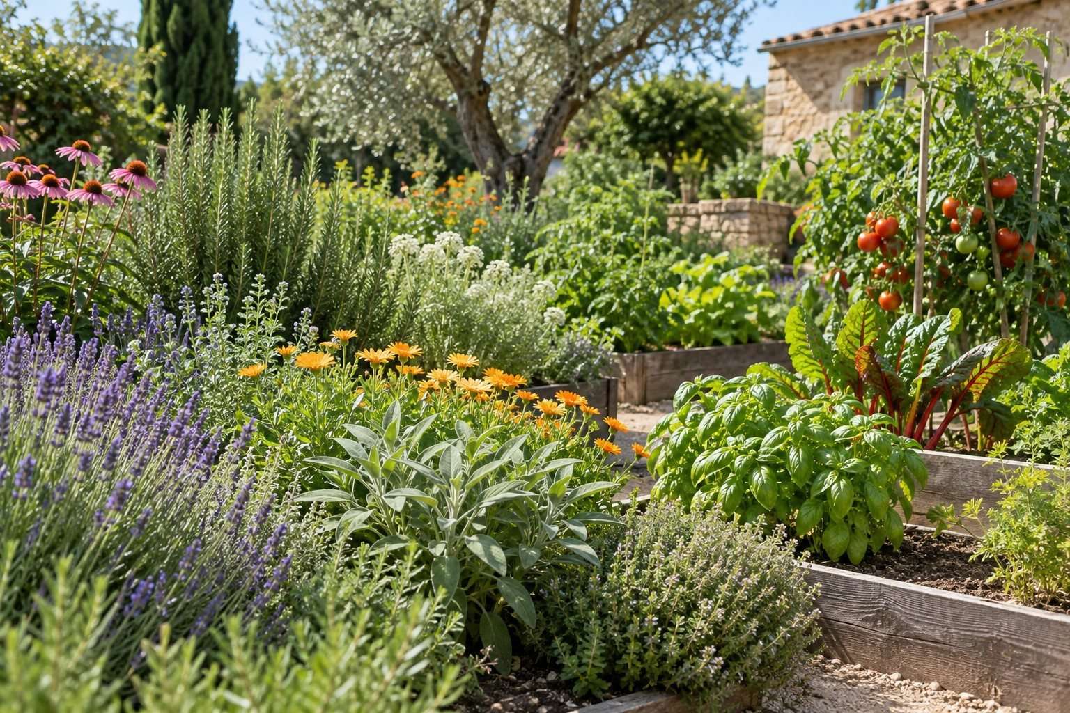 Asociar flores, aromáticas y hortalizas en un huerto jardín — Imagen 1 Flores, aromáticas y hortalizas creciendo juntas en un huerto jardín ordenado