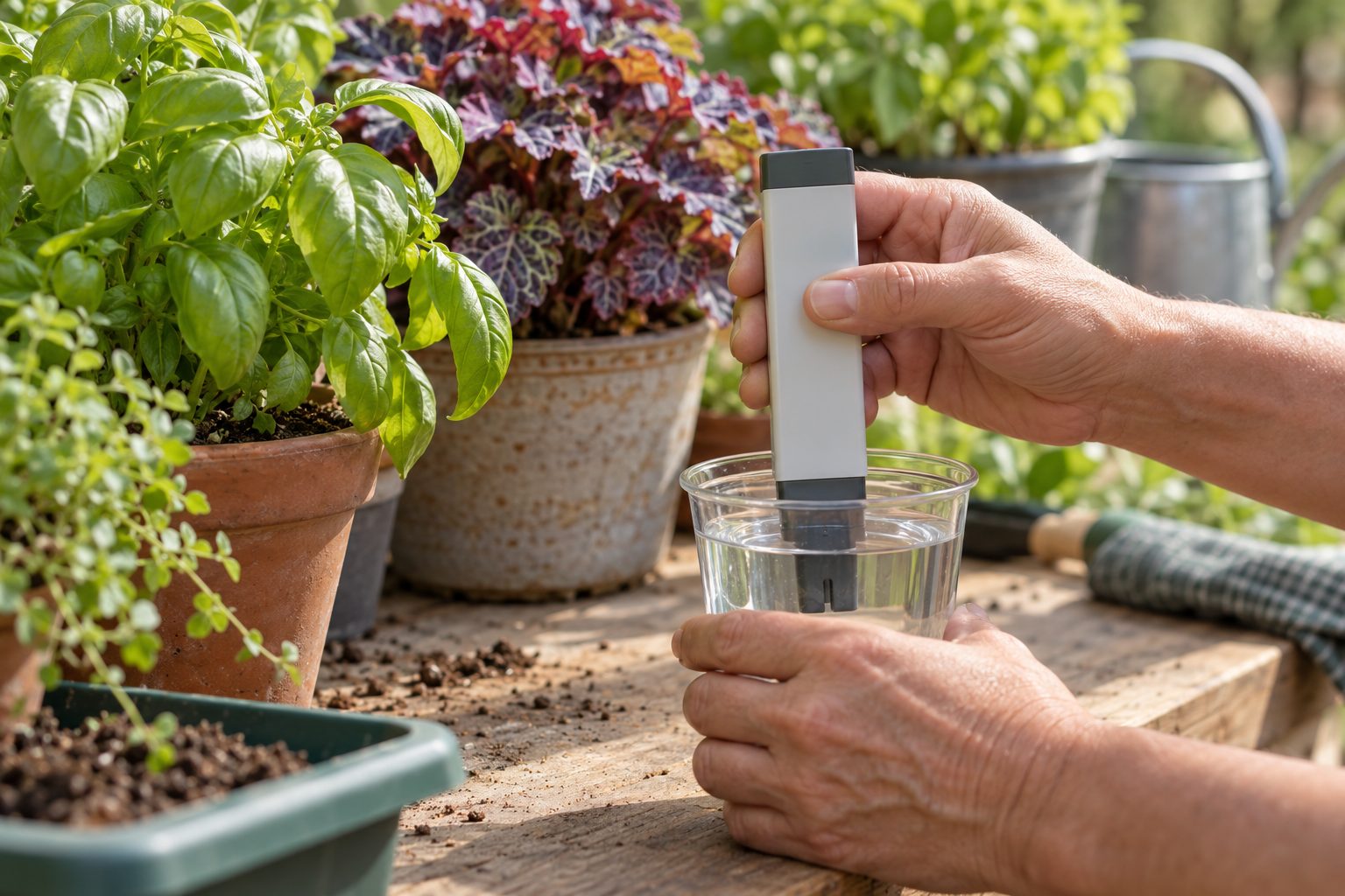 Medición de la conductividad del agua de riego Manos que utilizan un medidor portátil en una muestra de agua junto a macetas de plantas