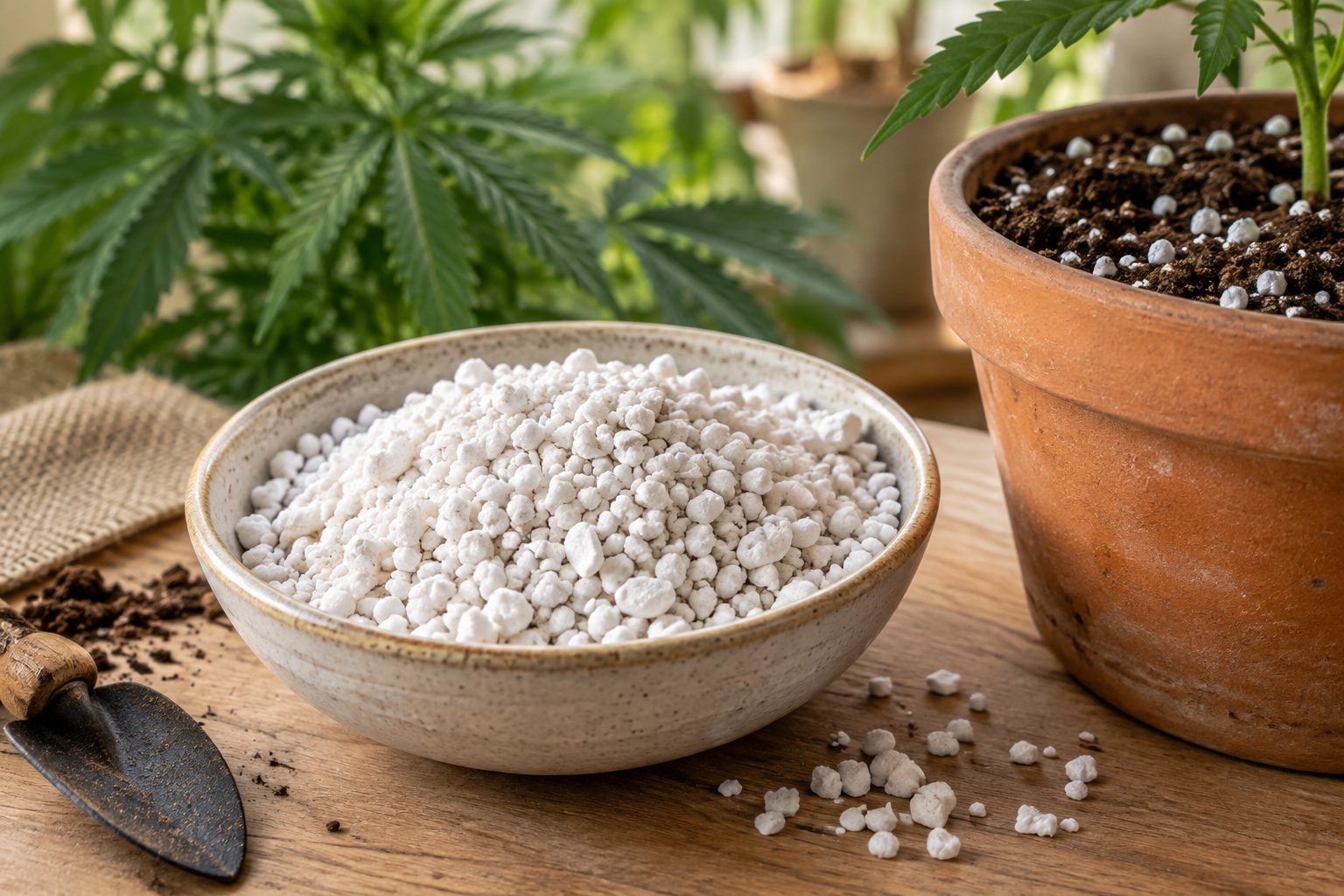 Perlita hortícola y sustrato para plantas Perlita blanca en un cuenco junto a una maceta con sustrato y una planta de cannabis.