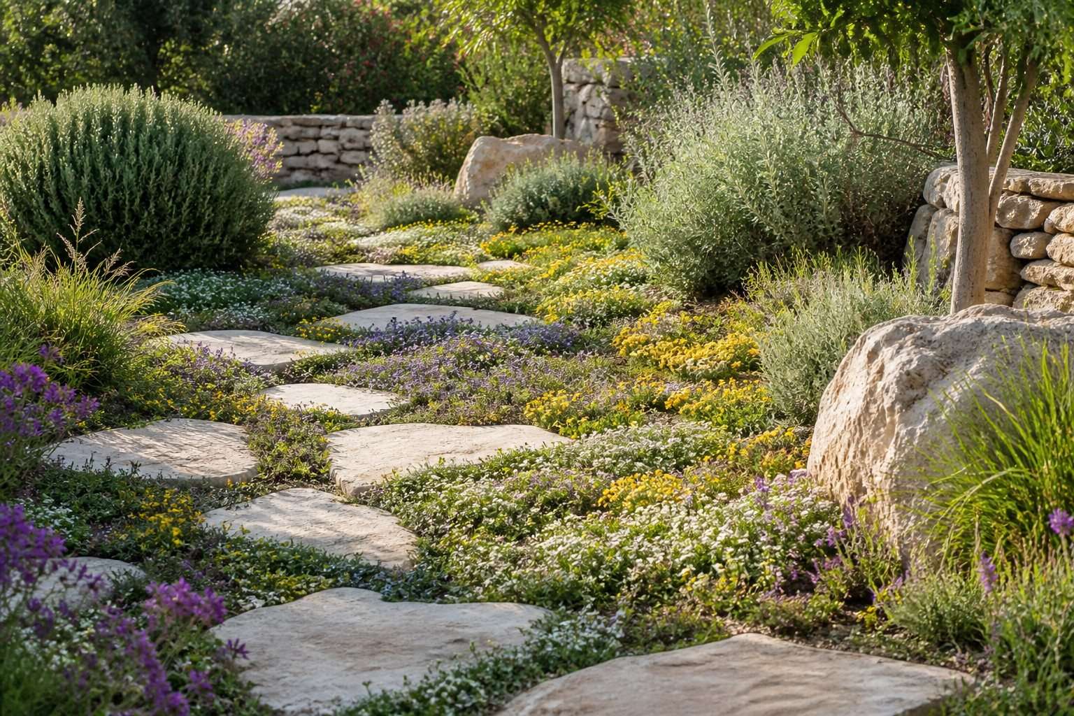 Plantas tapizantes autóctonas para reducir el riego y proteger el suelo — Imagen 1 Jardín mediterráneo cubierto por plantas tapizantes autóctonas entre losas de piedra